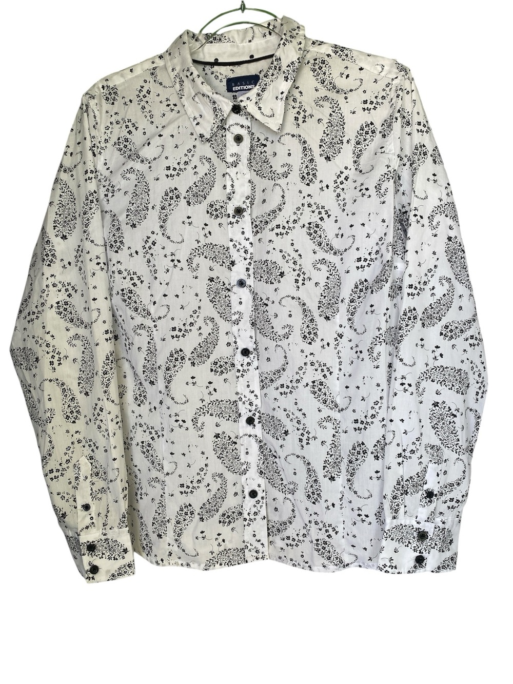 Basic Editions White Button-Up Shirt with Black Paisley Print, XL Women